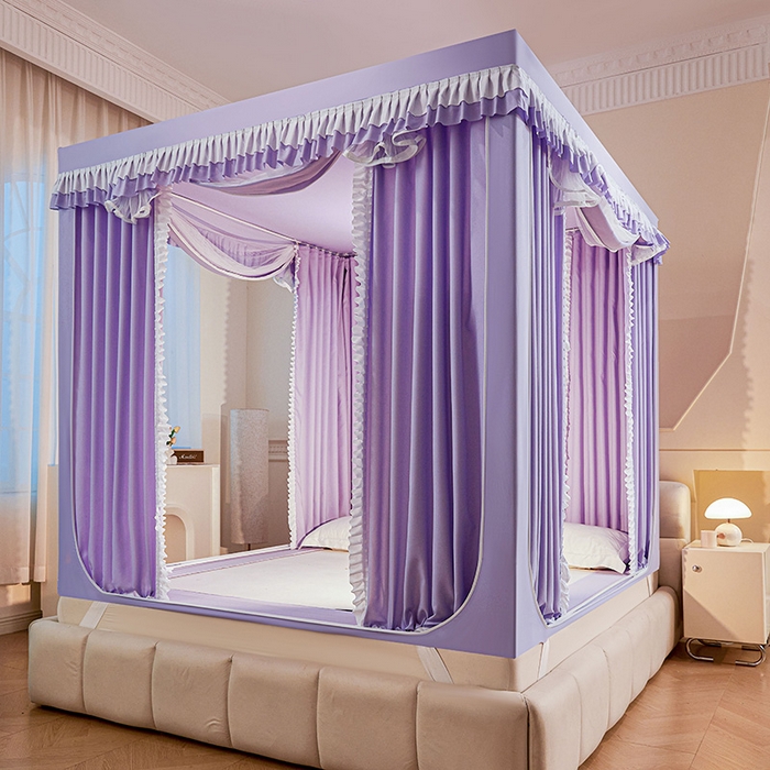 91家纺网 家纺一手货源 找家纺 浪幔纱蚊帐 2025新款A类遮光防摔蚊帐坐床拉链全底回底纯色加厚支架 优雅紫【全底带帘款】