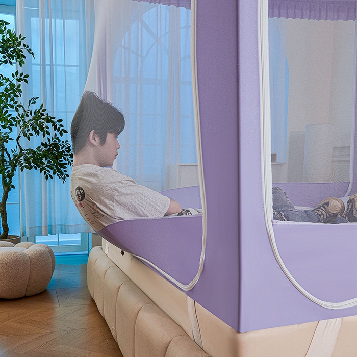 91家纺网 家纺一手货源 找家纺 浪幔纱蚊帐 2025新款A类遮光防摔蚊帐坐床拉链全底回底纯色加厚支架 优雅紫【全底带帘款】