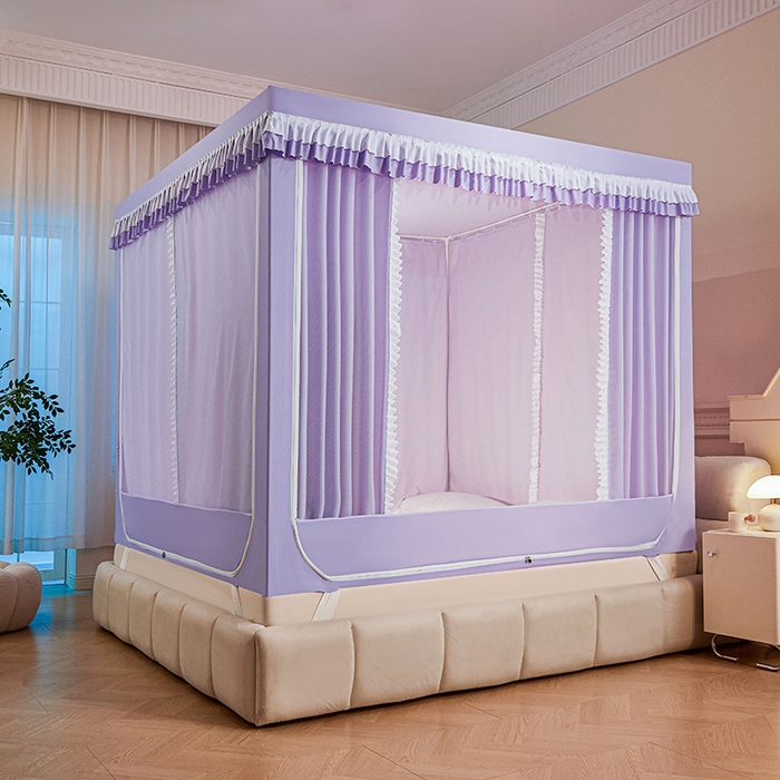 91家纺网 家纺一手货源 找家纺 浪幔纱蚊帐 2025新款A类遮光防摔蚊帐坐床拉链全底回底纯色加厚支架 优雅紫【全底带帘款】