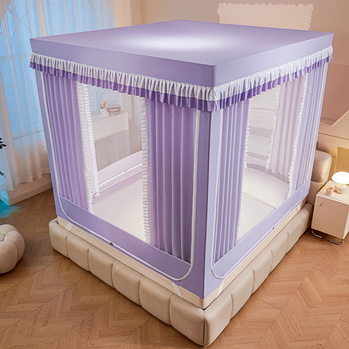 91家纺网 家纺一手货源 找家纺 浪幔纱蚊帐 2025新款A类遮光防摔蚊帐坐床拉链全底回底纯色加厚支架 优雅紫【全底带帘款】