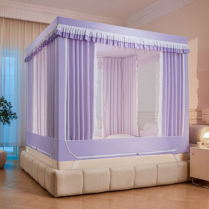91家纺网 家纺一手货源 找家纺 浪幔纱蚊帐 2025新款A类遮光防摔蚊帐坐床拉链全底回底纯色加厚支架 优雅紫【全底带帘款】
