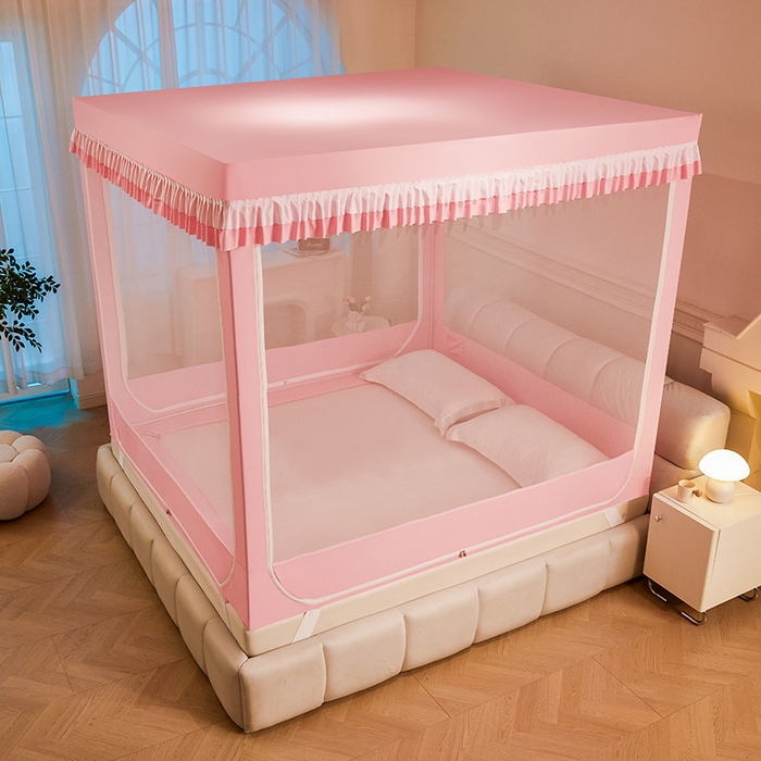 91家纺网 家纺一手货源 找家纺 浪幔纱蚊帐 2025新款A类遮光防摔蚊帐坐床拉链全底回底纯色加厚支架 樱花粉【全底无帘款】