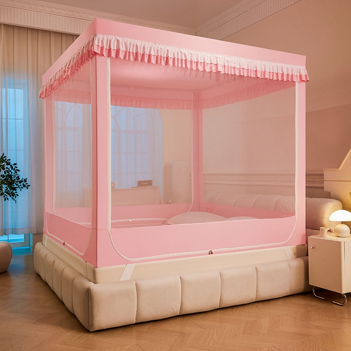 91家纺网 家纺一手货源 找家纺 浪幔纱蚊帐 2025新款A类遮光防摔蚊帐坐床拉链全底回底纯色加厚支架 樱花粉【全底无帘款】