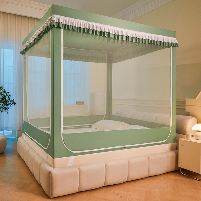 91家纺网 家纺一手货源 找家纺 浪幔纱蚊帐 2025新款A类遮光防摔蚊帐坐床拉链全底回底纯色加厚支架 橄榄绿【全底无帘款】