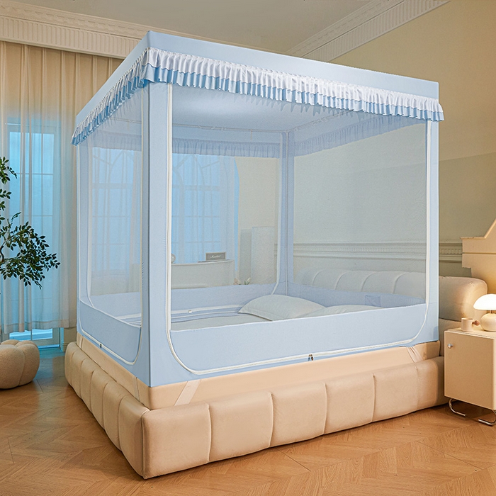 91家纺网 家纺一手货源 找家纺 浪幔纱蚊帐 2025新款A类遮光防摔蚊帐坐床拉链全底回底纯色加厚支架 舒雅蓝【全底无帘款】