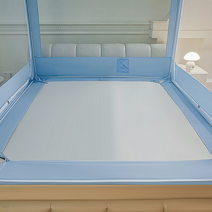 91家纺网 家纺一手货源 找家纺 浪幔纱蚊帐 2025新款A类遮光防摔蚊帐坐床拉链全底回底纯色加厚支架 舒雅蓝【全底无帘款】