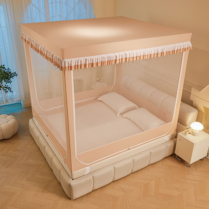 91家纺网 家纺一手货源 找家纺 浪幔纱蚊帐 2025新款A类遮光防摔蚊帐坐床拉链全底回底纯色加厚支架 心意橙【全底无帘款】