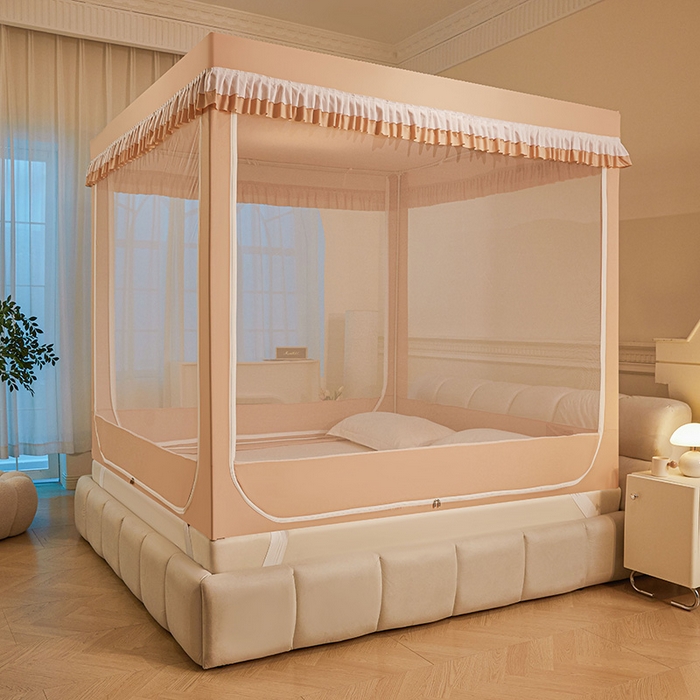 91家纺网 家纺一手货源 找家纺 浪幔纱蚊帐 2025新款A类遮光防摔蚊帐坐床拉链全底回底纯色加厚支架 心意橙【全底无帘款】