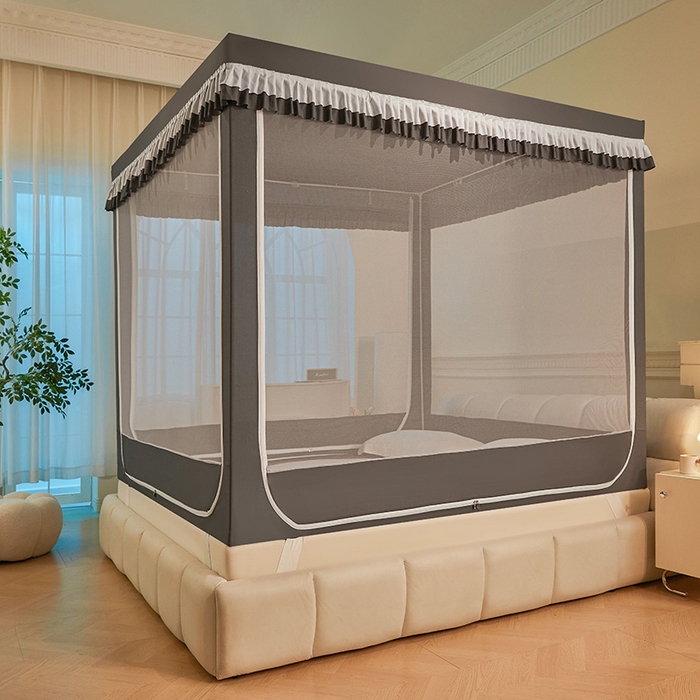 91家纺网 家纺一手货源 找家纺 浪幔纱蚊帐 2025新款A类遮光防摔蚊帐坐床拉链全底回底纯色加厚支架 星辰灰【全底无帘款】