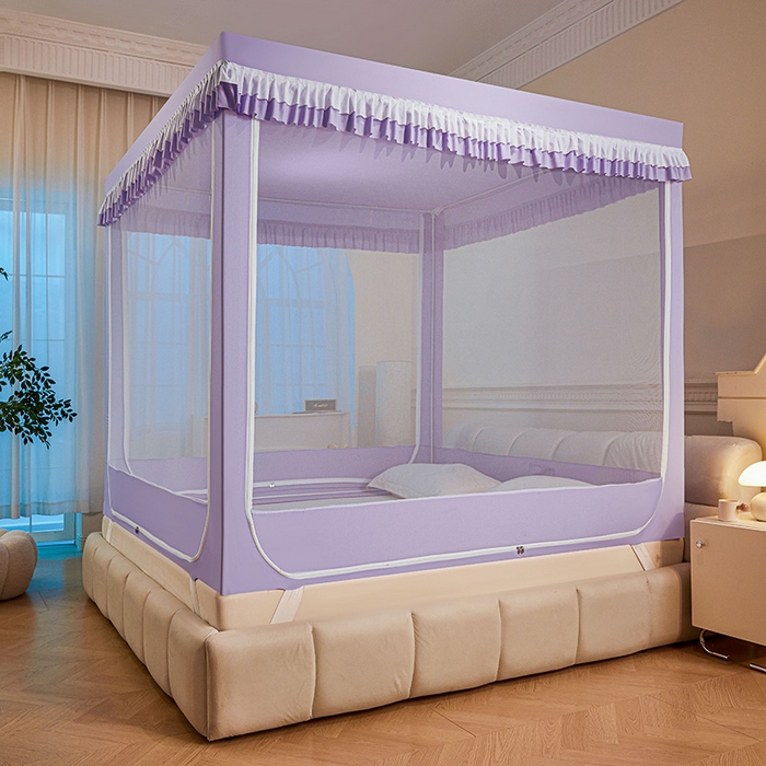 91家纺网 家纺一手货源 找家纺 浪幔纱蚊帐 2025新款A类遮光防摔蚊帐坐床拉链全底回底纯色加厚支架 优雅紫【全底无帘款】