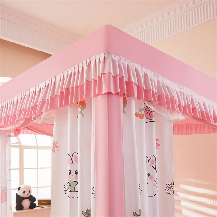 91家纺网 家纺一手货源 找家纺 浪幔纱蚊帐 2025新款A类可拆卸床单全底防摔蚊帐遮光床帘一体式回底拉链坐床 草莓小兔【回底款】