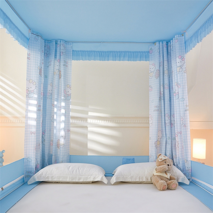 91家纺网 家纺一手货源 找家纺 浪幔纱蚊帐 2025新款A类可拆卸床单全底防摔蚊帐遮光床帘一体式回底拉链坐床 快乐萌猫【回底款】