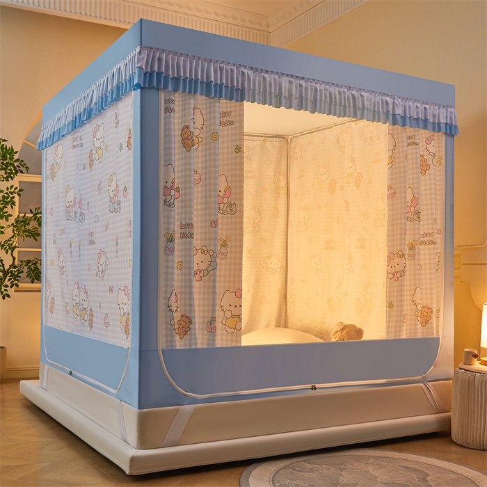 91家纺网 家纺一手货源 找家纺 浪幔纱蚊帐 2025新款A类可拆卸床单全底防摔蚊帐遮光床帘一体式回底拉链坐床 快乐萌猫【回底款】