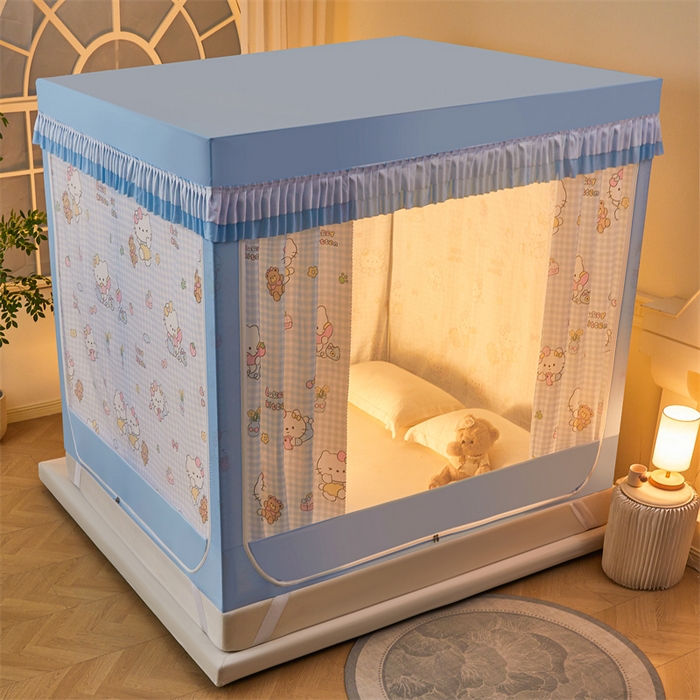 91家纺网 家纺一手货源 找家纺 浪幔纱蚊帐 2025新款A类可拆卸床单全底防摔蚊帐遮光床帘一体式回底拉链坐床 快乐萌猫【回底款】