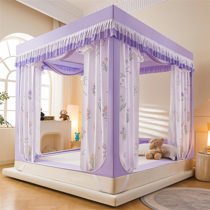 91家纺网 家纺一手货源 找家纺 浪幔纱蚊帐 2025新款A类可拆卸床单全底防摔蚊帐遮光床帘一体式回底拉链坐床 花丛小兔【回底款】