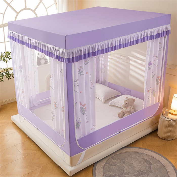 91家纺网 家纺一手货源 找家纺 浪幔纱蚊帐 2025新款A类可拆卸床单全底防摔蚊帐遮光床帘一体式回底拉链坐床 花丛小兔【回底款】