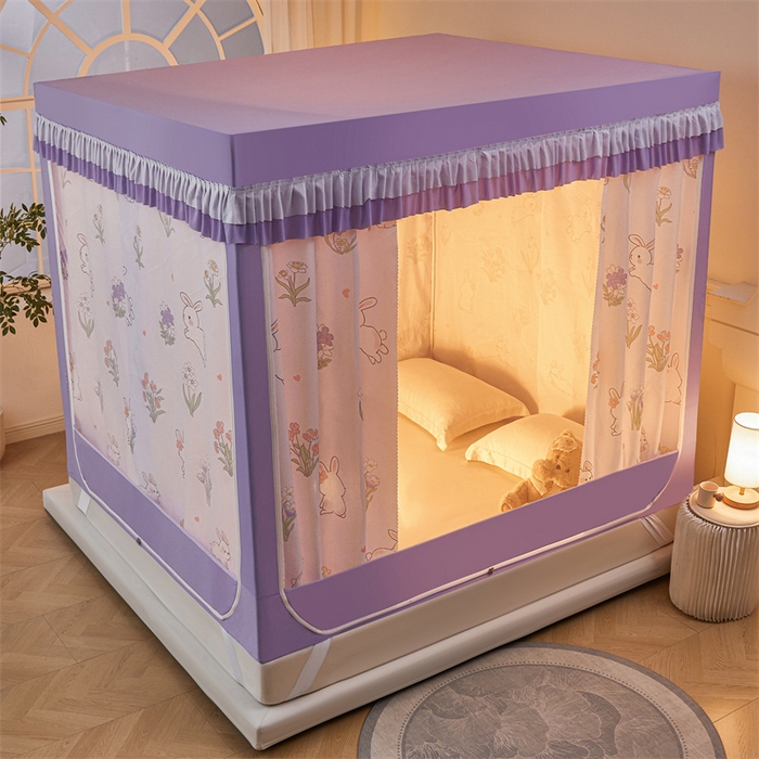 91家纺网 家纺一手货源 找家纺 浪幔纱蚊帐 2025新款A类可拆卸床单全底防摔蚊帐遮光床帘一体式回底拉链坐床 花丛小兔【回底款】