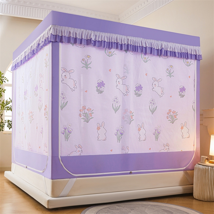 91家纺网 家纺一手货源 找家纺 浪幔纱蚊帐 2025新款A类可拆卸床单全底防摔蚊帐遮光床帘一体式回底拉链坐床 花丛小兔【回底款】