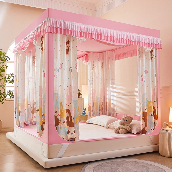 91家纺网 家纺一手货源 找家纺 浪幔纱蚊帐 2025新款A类可拆卸床单全底防摔蚊帐遮光床帘一体式回底拉链坐床 可爱乐园【回底款】