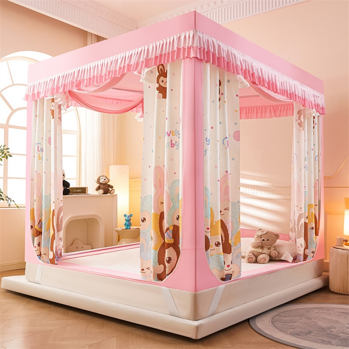 91家纺网 家纺一手货源 找家纺 浪幔纱蚊帐 2025新款A类可拆卸床单全底防摔蚊帐遮光床帘一体式回底拉链坐床 可爱乐园【回底款】