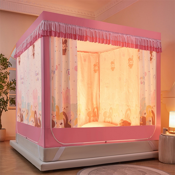 91家纺网 家纺一手货源 找家纺 浪幔纱蚊帐 2025新款A类可拆卸床单全底防摔蚊帐遮光床帘一体式回底拉链坐床 可爱乐园【回底款】