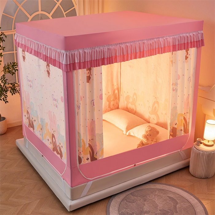 91家纺网 家纺一手货源 找家纺 浪幔纱蚊帐 2025新款A类可拆卸床单全底防摔蚊帐遮光床帘一体式回底拉链坐床 可爱乐园【回底款】