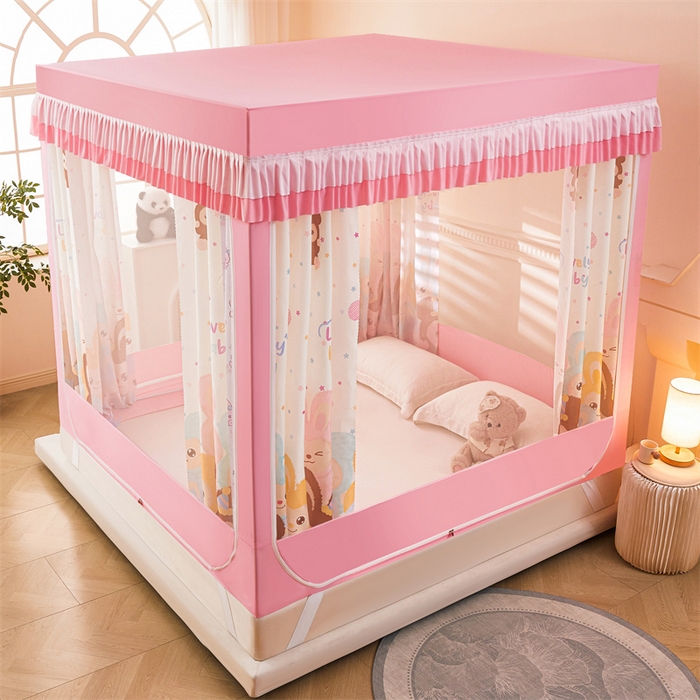 91家纺网 家纺一手货源 找家纺 浪幔纱蚊帐 2025新款A类可拆卸床单全底防摔蚊帐遮光床帘一体式回底拉链坐床 可爱乐园【回底款】