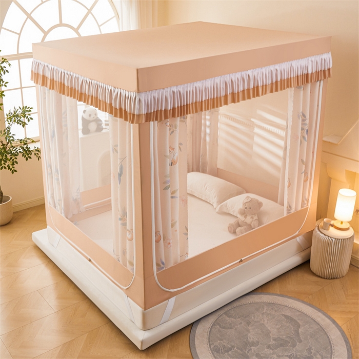 91家纺网 家纺一手货源 找家纺 浪幔纱蚊帐 2025新款A类可拆卸床单全底防摔蚊帐遮光床帘一体式回底拉链坐床 森林灵狐【回底款】