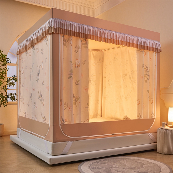 91家纺网 家纺一手货源 找家纺 浪幔纱蚊帐 2025新款A类可拆卸床单全底防摔蚊帐遮光床帘一体式回底拉链坐床 森林灵狐【回底款】