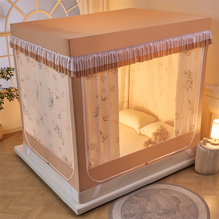 91家纺网 家纺一手货源 找家纺 浪幔纱蚊帐 2025新款A类可拆卸床单全底防摔蚊帐遮光床帘一体式回底拉链坐床 森林灵狐【回底款】