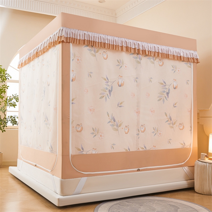 91家纺网 家纺一手货源 找家纺 浪幔纱蚊帐 2025新款A类可拆卸床单全底防摔蚊帐遮光床帘一体式回底拉链坐床 森林灵狐【回底款】