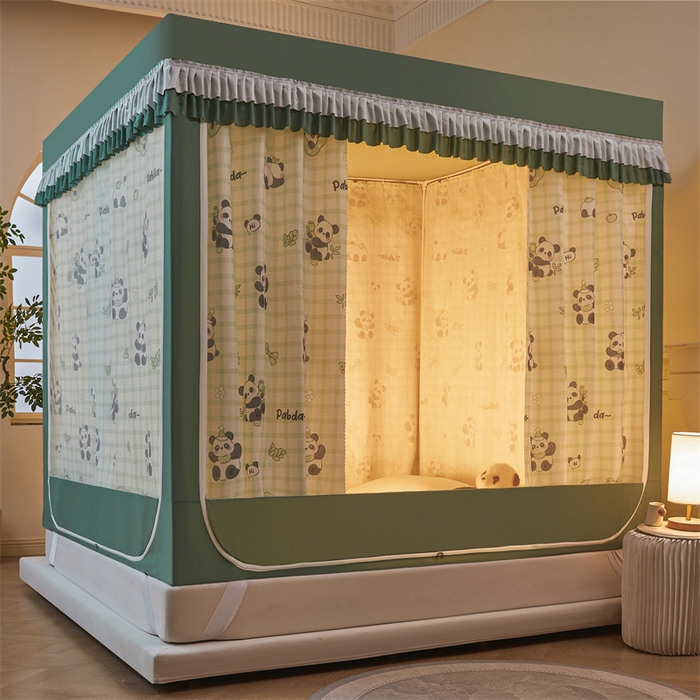 91家纺网 家纺一手货源 找家纺 浪幔纱蚊帐 2025新款A类可拆卸床单全底防摔蚊帐遮光床帘一体式回底拉链坐床 岁岁平安【回底款】