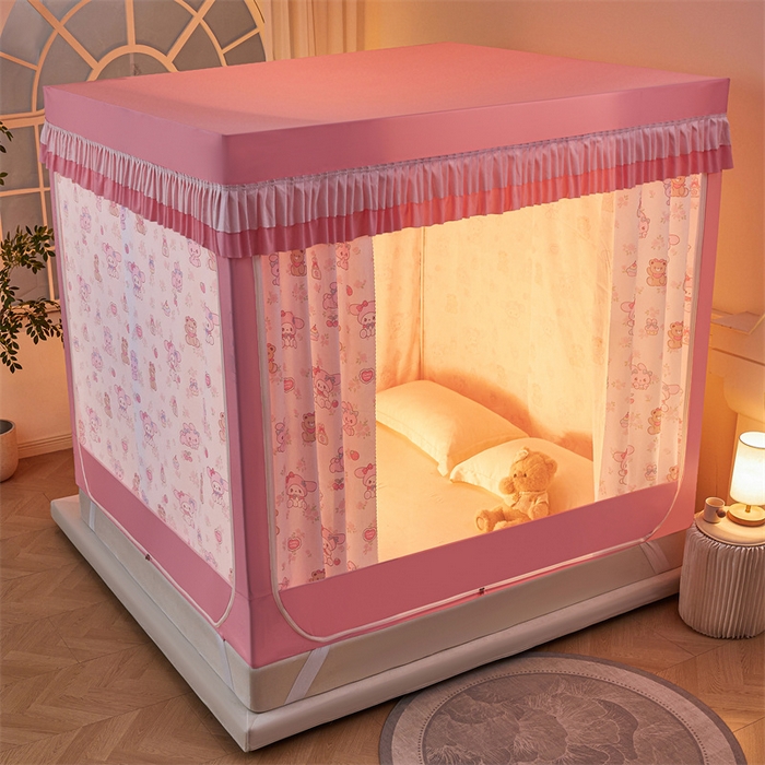 91家纺网 家纺一手货源 找家纺 浪幔纱蚊帐 2025新款A类可拆卸床单全底防摔蚊帐遮光床帘一体式回底拉链坐床 甜心乐蒂【回底款】