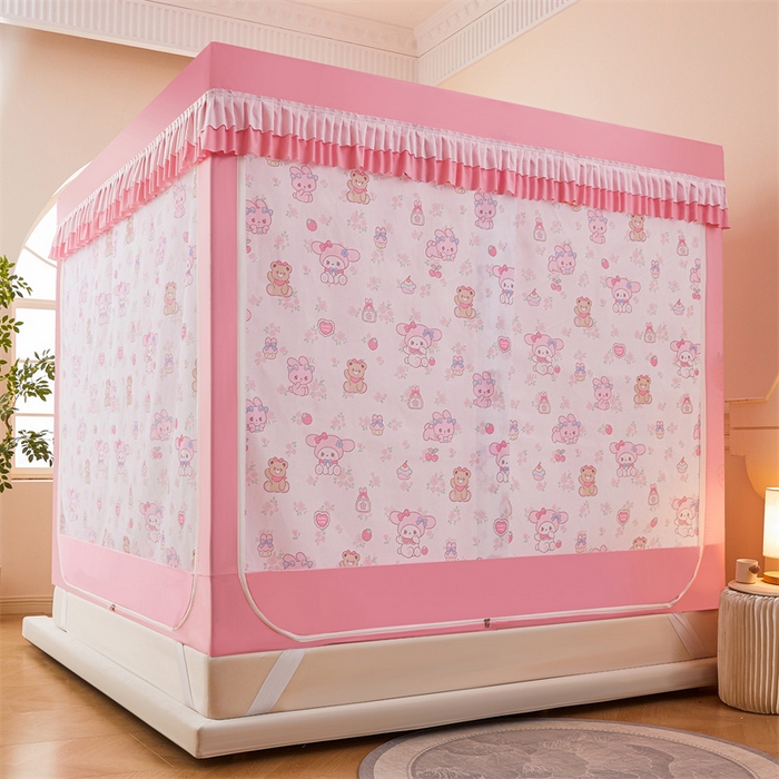 91家纺网 家纺一手货源 找家纺 浪幔纱蚊帐 2025新款A类可拆卸床单全底防摔蚊帐遮光床帘一体式回底拉链坐床 甜心乐蒂【回底款】