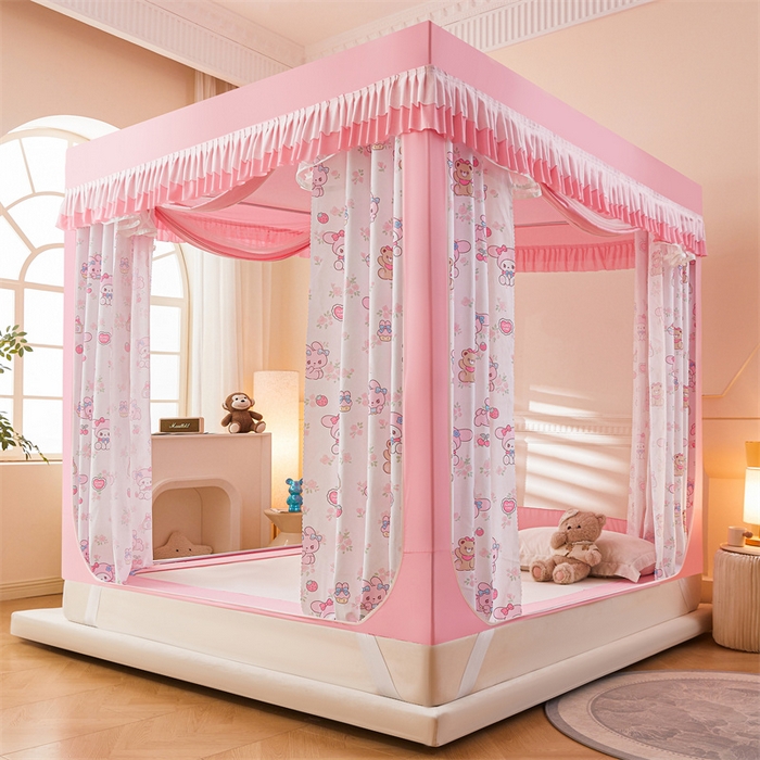 91家纺网 家纺一手货源 找家纺 浪幔纱蚊帐 2025新款A类可拆卸床单全底防摔蚊帐遮光床帘一体式回底拉链坐床 甜心乐蒂【回底款】