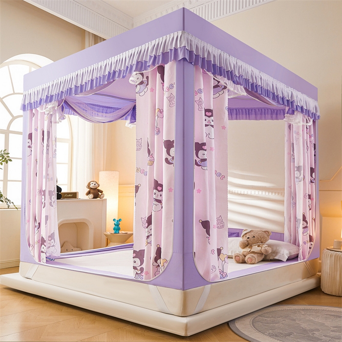 91家纺网 家纺一手货源 找家纺 浪幔纱蚊帐 2025新款A类可拆卸床单全底防摔蚊帐遮光床帘一体式回底拉链坐床 甜心洛米【回底款】