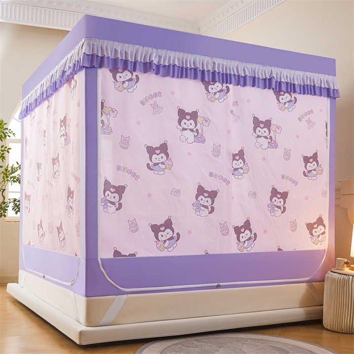 91家纺网 家纺一手货源 找家纺 浪幔纱蚊帐 2025新款A类可拆卸床单全底防摔蚊帐遮光床帘一体式回底拉链坐床 甜心洛米【回底款】