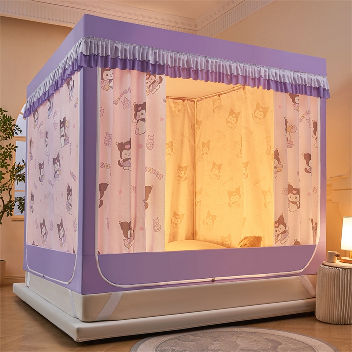 91家纺网 家纺一手货源 找家纺 浪幔纱蚊帐 2025新款A类可拆卸床单全底防摔蚊帐遮光床帘一体式回底拉链坐床 甜心洛米【回底款】