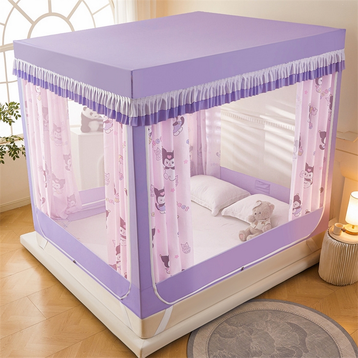 91家纺网 家纺一手货源 找家纺 浪幔纱蚊帐 2025新款A类可拆卸床单全底防摔蚊帐遮光床帘一体式回底拉链坐床 甜心洛米【回底款】