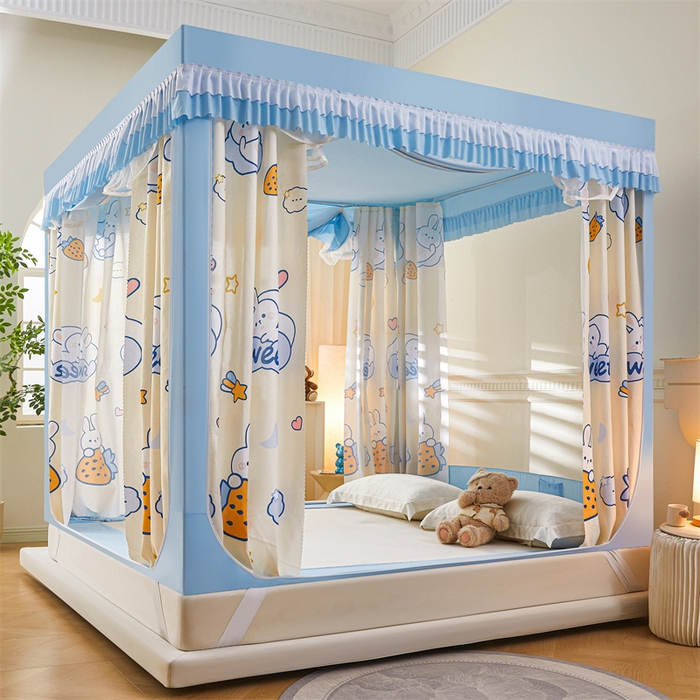 91家纺网 家纺一手货源 找家纺 浪幔纱蚊帐 2025新款A类可拆卸床单全底防摔蚊帐遮光床帘一体式回底拉链坐床 星月小兔【回底款】