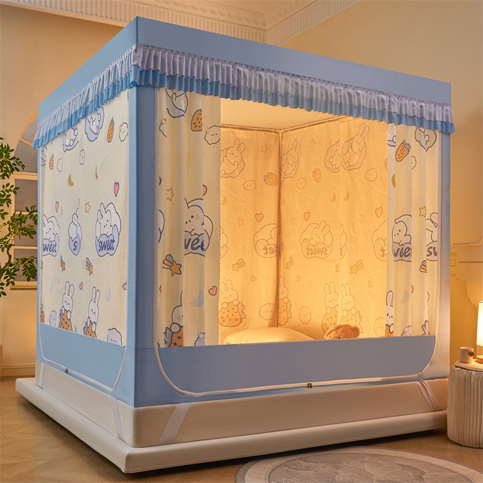 91家纺网 家纺一手货源 找家纺 浪幔纱蚊帐 2025新款A类可拆卸床单全底防摔蚊帐遮光床帘一体式回底拉链坐床 星月小兔【回底款】