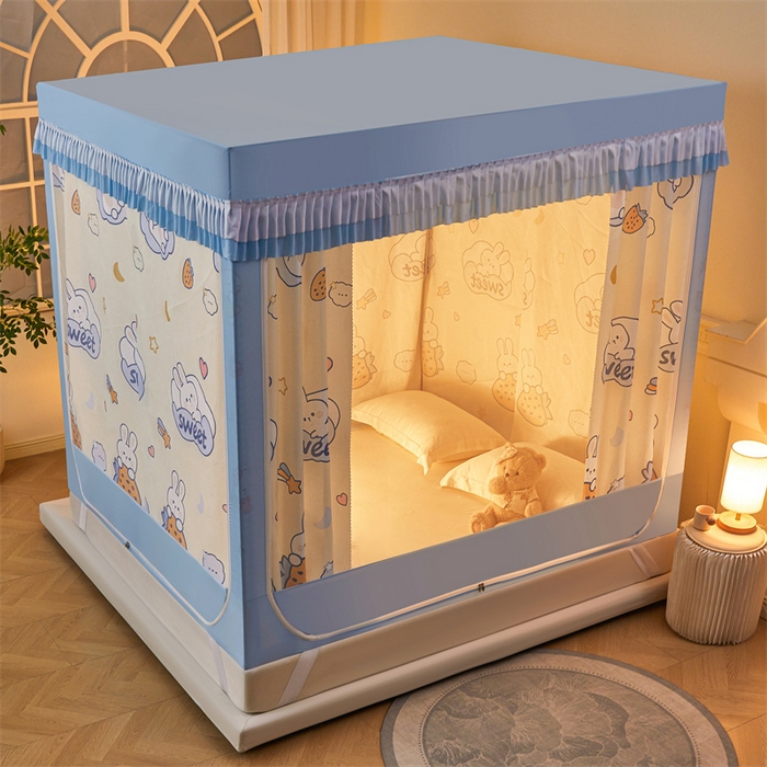 91家纺网 家纺一手货源 找家纺 浪幔纱蚊帐 2025新款A类可拆卸床单全底防摔蚊帐遮光床帘一体式回底拉链坐床 星月小兔【回底款】