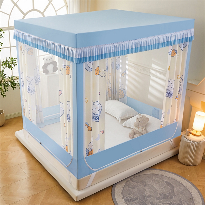 91家纺网 家纺一手货源 找家纺 浪幔纱蚊帐 2025新款A类可拆卸床单全底防摔蚊帐遮光床帘一体式回底拉链坐床 星月小兔【回底款】