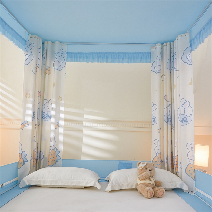 91家纺网 家纺一手货源 找家纺 浪幔纱蚊帐 2025新款A类可拆卸床单全底防摔蚊帐遮光床帘一体式回底拉链坐床 星月小兔【回底款】