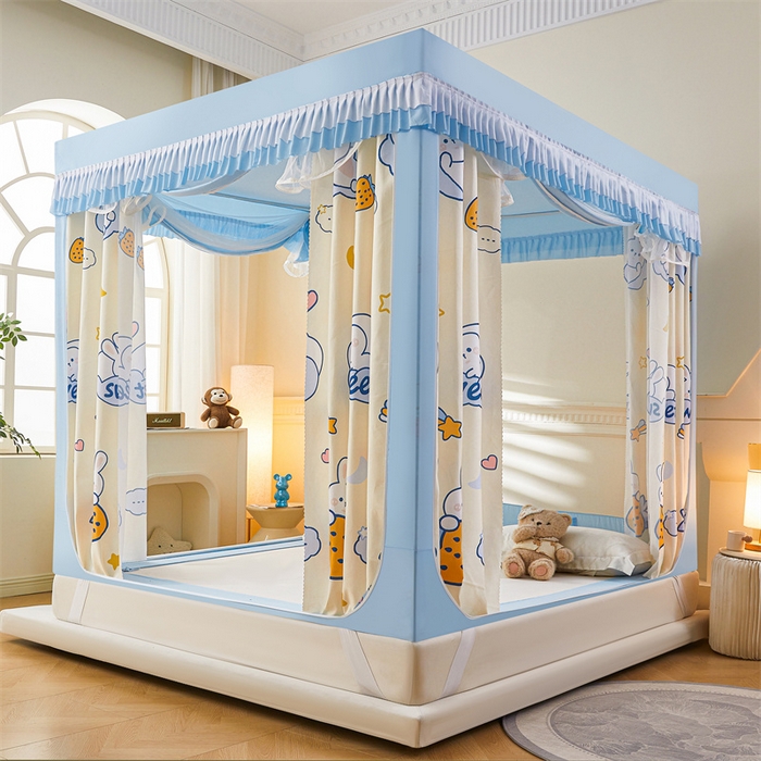 91家纺网 家纺一手货源 找家纺 浪幔纱蚊帐 2025新款A类可拆卸床单全底防摔蚊帐遮光床帘一体式回底拉链坐床 星月小兔【回底款】