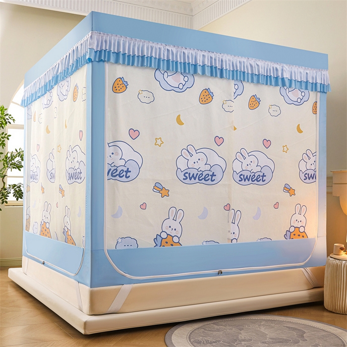 91家纺网 家纺一手货源 找家纺 浪幔纱蚊帐 2025新款A类可拆卸床单全底防摔蚊帐遮光床帘一体式回底拉链坐床 星月小兔【回底款】