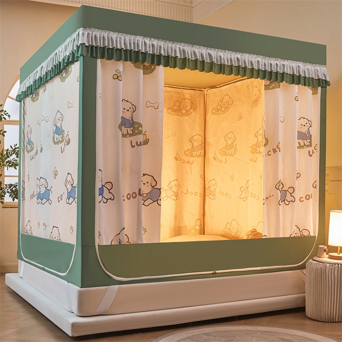 91家纺网 家纺一手货源 找家纺 浪幔纱蚊帐 2025新款A类可拆卸床单全底防摔蚊帐遮光床帘一体式回底拉链坐床 幸运狗【回底款】