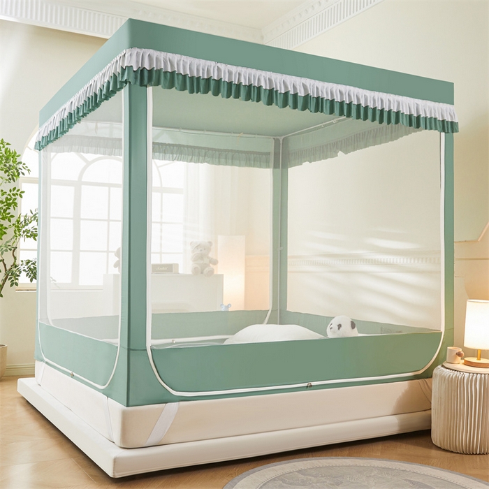 91家纺网 家纺一手货源 找家纺 浪幔纱蚊帐 2025新款A类可拆卸床单全底防摔蚊帐遮光床帘一体式回底拉链坐床 橄榄绿【回底款】