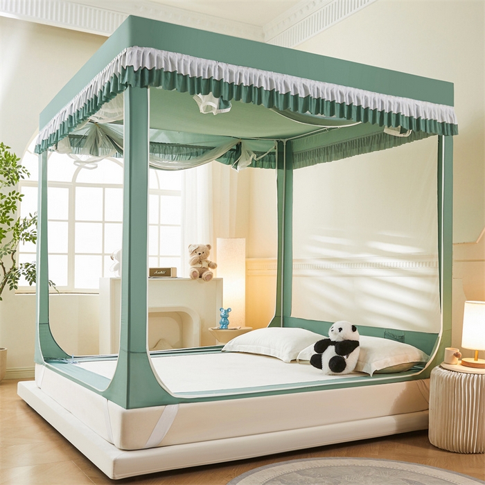 91家纺网 家纺一手货源 找家纺 浪幔纱蚊帐 2025新款A类可拆卸床单全底防摔蚊帐遮光床帘一体式回底拉链坐床 橄榄绿【回底款】