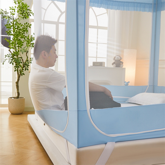 91家纺网 家纺一手货源 找家纺 浪幔纱蚊帐 2025新款A类可拆卸床单全底防摔蚊帐遮光床帘一体式回底拉链坐床 舒亚蓝【回底款】